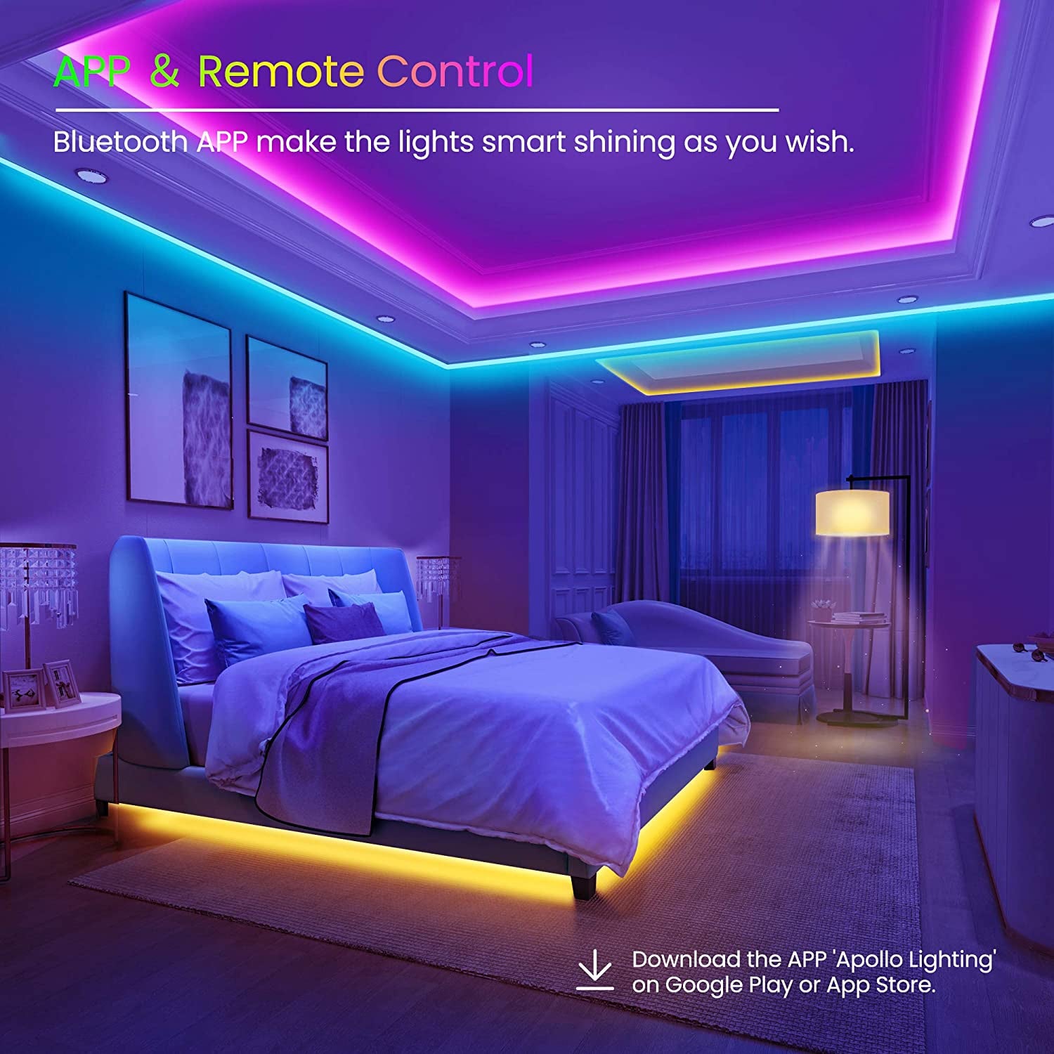 50 FT Long LED Strip Lights,  Bluetooth LED Lights for Bedroom, Color Changing Light Strip with Music Sync, Smart Lights Controlled via Phone APP and IR Remote.