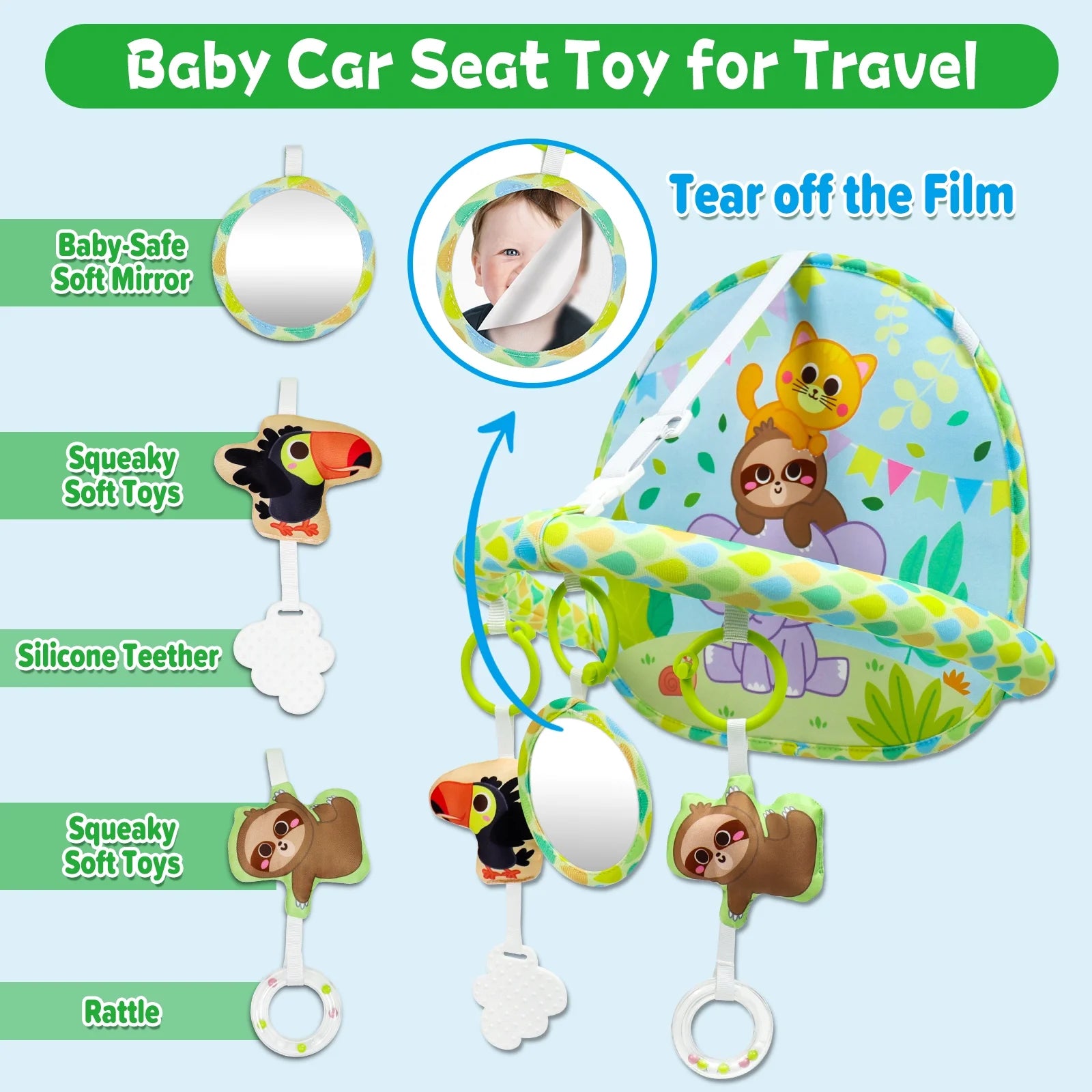 Baby Car Seat Toy for Travel Rear Facing Double Sided Baby Travel Activity Car Seat Entertainment Toy Easy Drive Gift for Newborn Baby Infant 0-12 Month