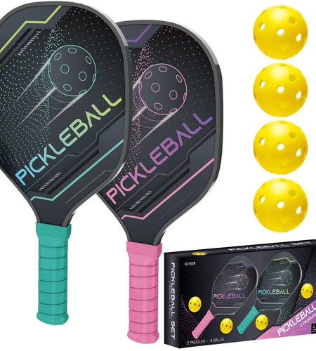 Pickleball Paddles Pickleball Set of 2 Paddles, 4 Indoor Outdoor Pickleball Balls, Pickleball Paddle Set of 2 Wood Pickleball Racket Pickleball Racquets Gifts for Men Women All Levels & Ages