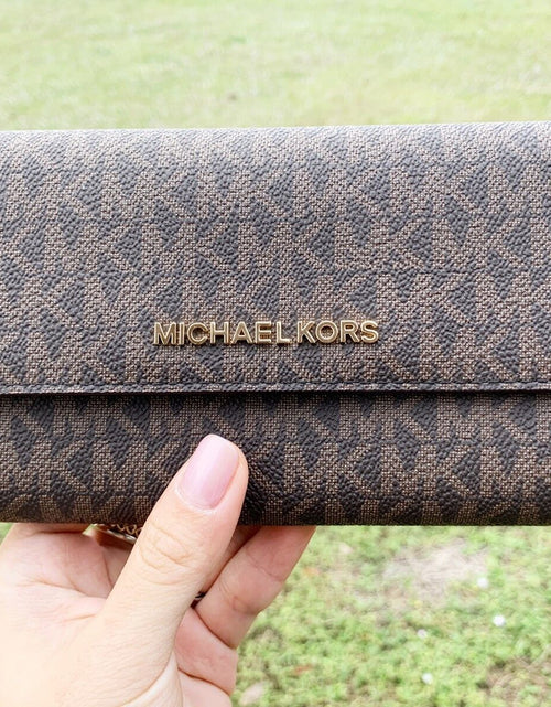 Load image into Gallery viewer, Michael Kors Jet Set Travel Large Trifold Wallet Signature MK Brown Black Pink
