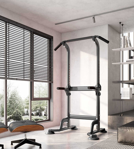 Power Tower Pull up Bar, Strength Training Workout Equipment with Adjustable Height High Stability - Black