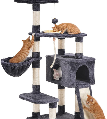 Cat Tree, Cat Tower for Indoor Cats with Scratching Board, Multi-Level Cat Furniture Condo with Feeding Bowl Smoky Gray HCT010G