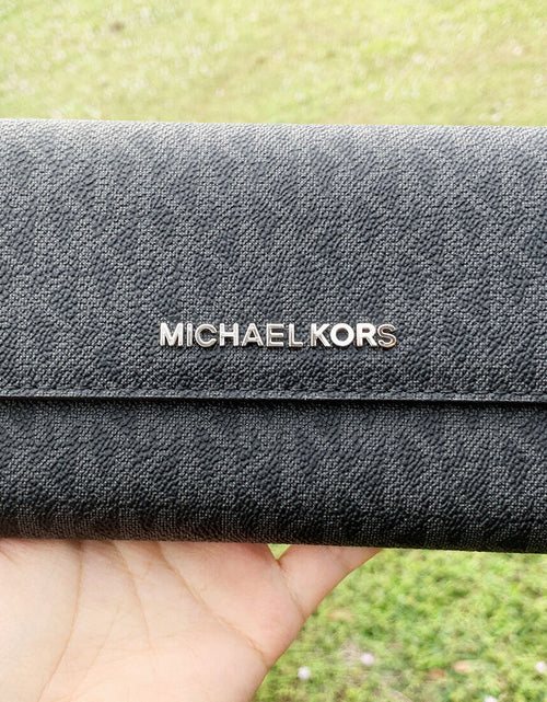 Load image into Gallery viewer, Michael Kors Jet Set Travel Large Trifold Wallet Signature MK Brown Black Pink
