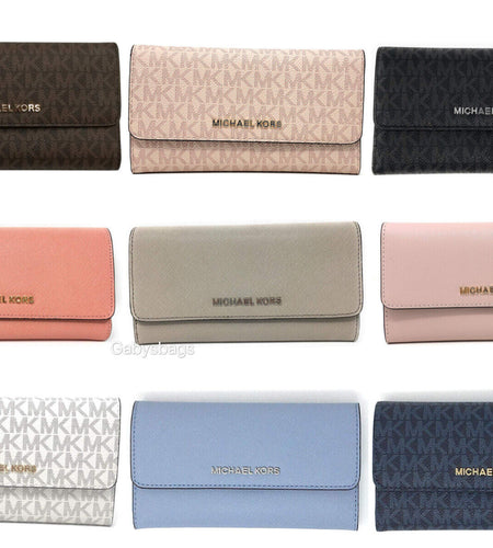 Michael Kors Jet Set Travel Large Trifold Wallet Signature MK Brown Black Pink