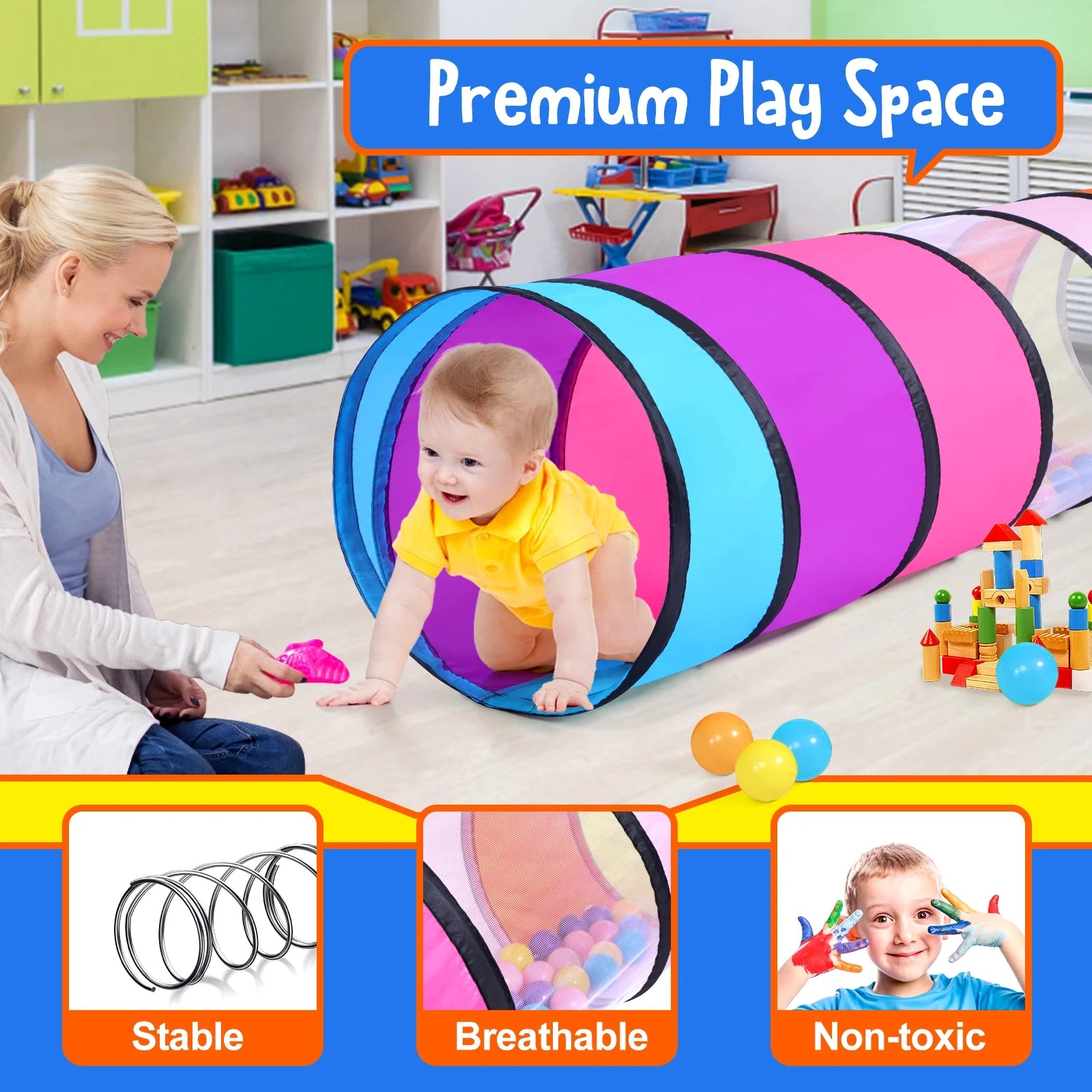 Kids Play Tunnel Toys for 1-3 Years Toddlers Colorful Baby Tent Tube with Breathable Mesh Indoor Outdoor