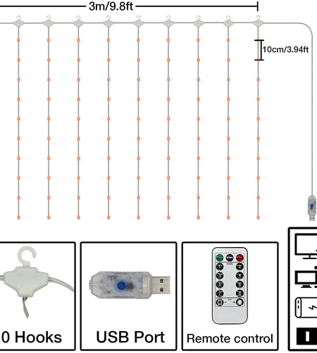 Window Curtain Light,Usb Plug-In Fairy Lights with Remote for Bedroom,Wedding,Christmas(Warm White)