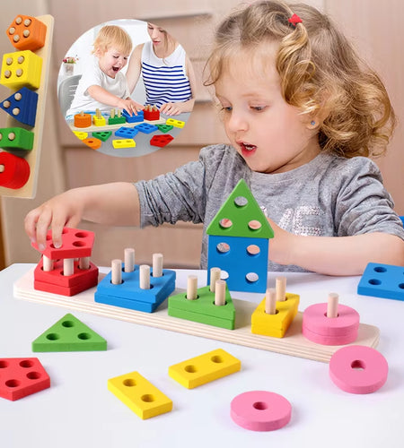 Montessori Wooden Geometric Shape Five Sets of Columns Blocks Assembling Children'S Enlightenment Early Education Puzzle Toys