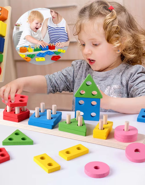 Load image into Gallery viewer, Montessori Wooden Geometric Shape Five Sets of Columns Blocks Assembling Children&#39;S Enlightenment Early Education Puzzle Toys
