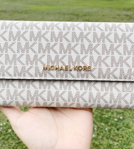 Michael Kors Jet Set Travel Large Trifold Wallet Signature MK Brown Black Pink