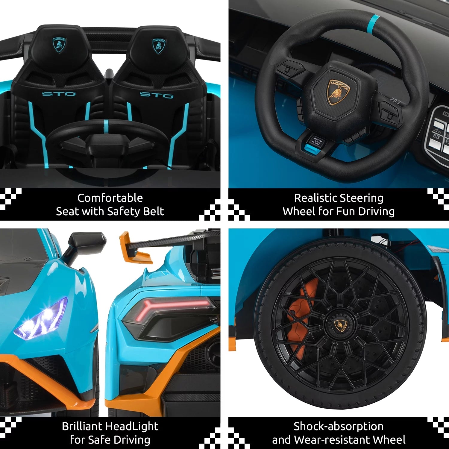 24V Kids Ride on Car, Licensed Lamborghini STO Electric Car for Boys Girls, 2-Seater Ride on Drift Car with Remote Control, Music, 360° Spin, Max Speed 6Mph, Blue