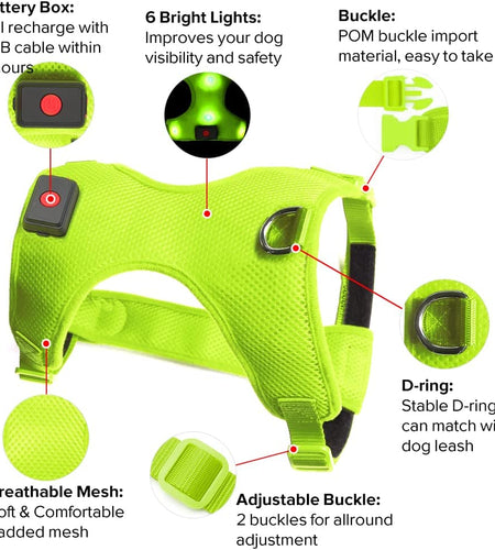 LED Dog Harness, Lighted up USB Rechargeable Pet Harness, Illuminated Reflective Glowing Dog Vest Adjustable Soft Padded No-Pull Suit for Small, Medium, Large Dogs (Green, S)