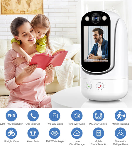 Baby Monitor with Two Way Video Call, 1080P HD Wifi Cameras W/ 2.8” Screen for Home Security/Baby Monitor/Pet Camera, AI Motion Detection&One-Click Call, Full-Color Night Vision for Baby Pet Elderly