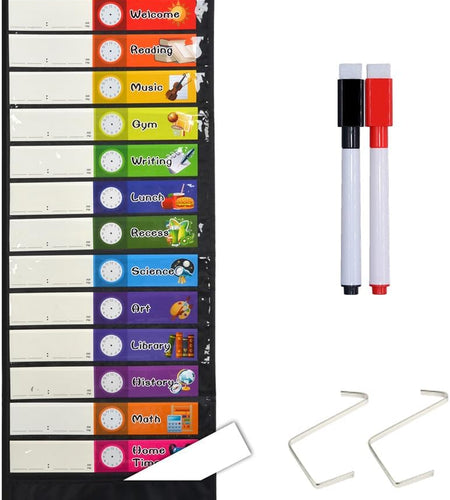 Daily Schedule Pocket Chart， Black Class Schedule with 26 Cards, 13+1 Pockets. 13 Colored + 13 Blank Double-Sided Reusable Cards, Easy Over-Door Mountings Included. (13” X 36”)