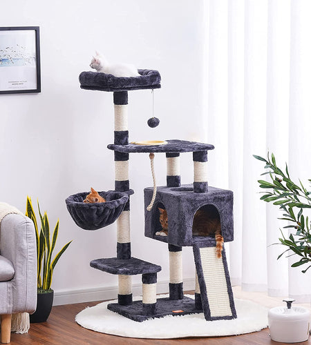 Cat Tree, Cat Tower for Indoor Cats with Scratching Board, Multi-Level Cat Furniture Condo with Feeding Bowl Smoky Gray HCT010G