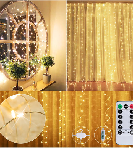 Fairy Curtain Lights Window String Lights 300 LED Twinkle Firefly Stars with 8 Light Modes Remote Control for Bedroom, Weddings, Party, Indoor, Outdoor Decoration, 9.8X9.8Ft, Warm White