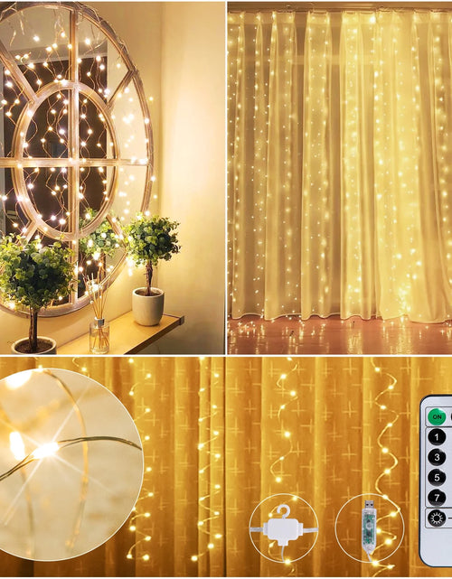 Load image into Gallery viewer, Fairy Curtain Lights Window String Lights 300 LED Twinkle Firefly Stars with 8 Light Modes Remote Control for Bedroom, Weddings, Party, Indoor, Outdoor Decoration, 9.8X9.8Ft, Warm White
