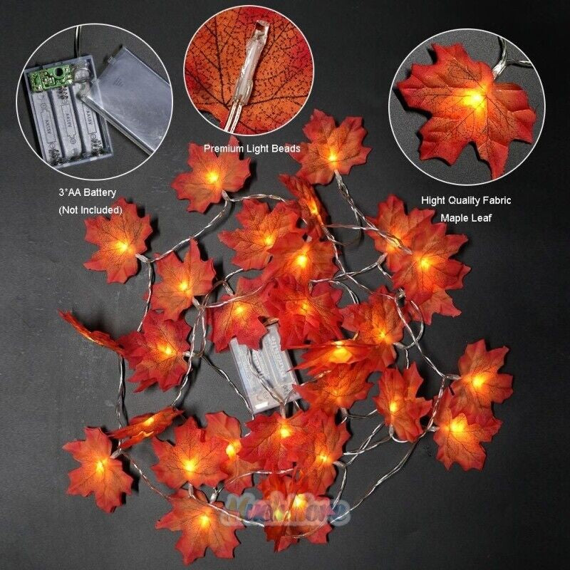 9.8FT Fall Thanksgiving Maple Leaves 20 LED Light Lamp Garland Festival Decor