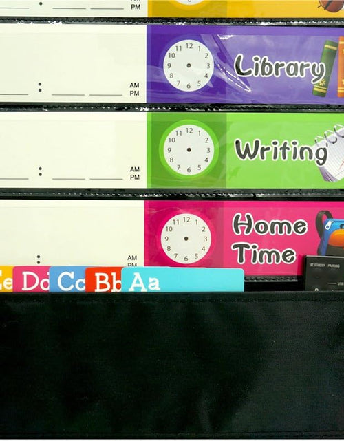 Load image into Gallery viewer, Daily Schedule Pocket Chart， Black Class Schedule with 26 Cards, 13+1 Pockets. 13 Colored + 13 Blank Double-Sided Reusable Cards, Easy Over-Door Mountings Included. (13” X 36”)
