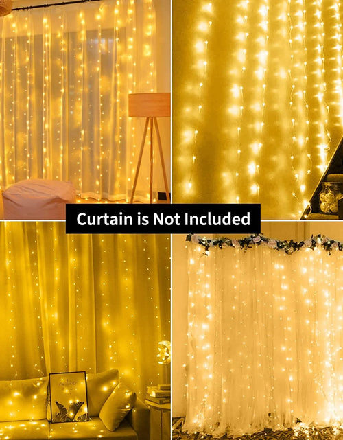 Load image into Gallery viewer, Fairy Curtain Lights Window String Lights 300 LED Twinkle Firefly Stars with 8 Light Modes Remote Control for Bedroom, Weddings, Party, Indoor, Outdoor Decoration, 9.8X9.8Ft, Warm White
