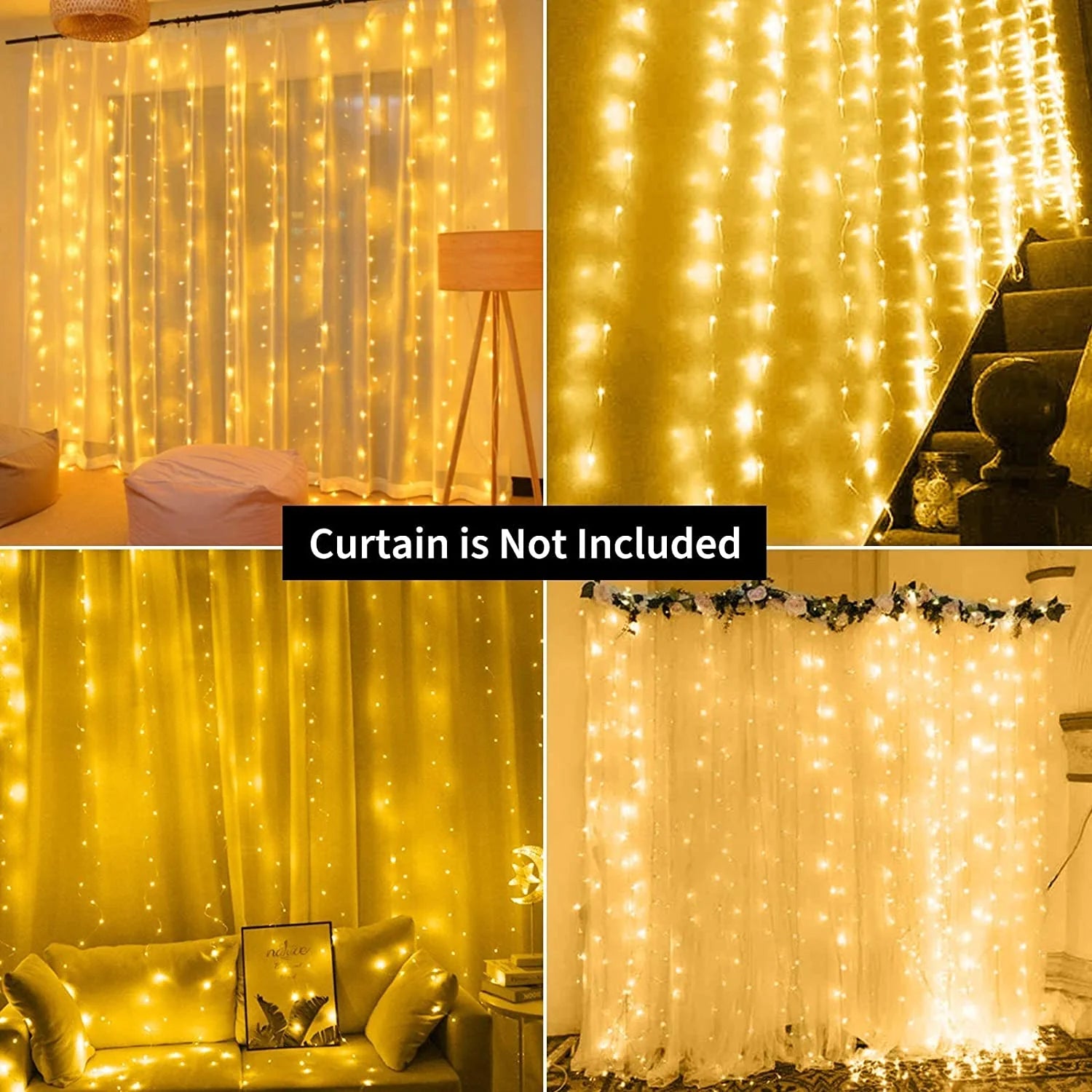 Fairy Curtain Lights Window String Lights 300 LED Twinkle Firefly Stars with 8 Light Modes Remote Control for Bedroom, Weddings, Party, Indoor, Outdoor Decoration, 9.8X9.8Ft, Warm White