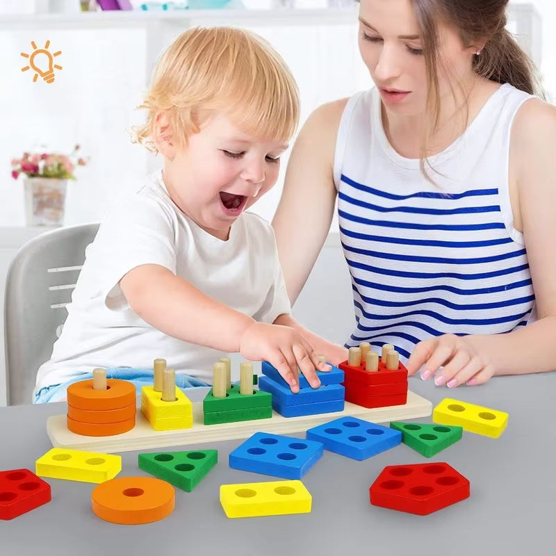 Montessori Wooden Geometric Shape Five Sets of Columns Blocks Assembling Children'S Enlightenment Early Education Puzzle Toys