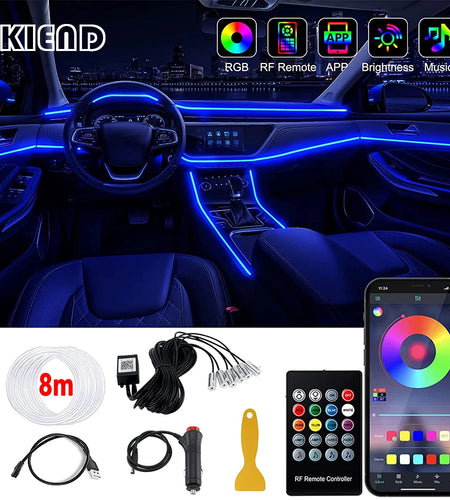 LED Car Interior Ambient Strip Lights RGB Fiber Optic Atmosphere Neon Lighting Kit W/ APP Remote Control Auto Decorative Lamps