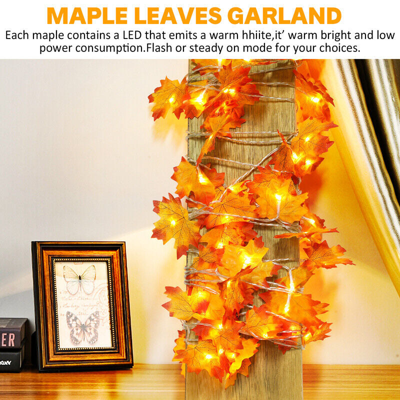 9.8FT Fall Thanksgiving Maple Leaves 20 LED Light Lamp Garland Festival Decor