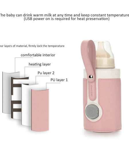 Portable Bottle Warmer, Intelligent Bottle Warmer, Fast Charge, 3-Speed Temperature Regulation, Pink