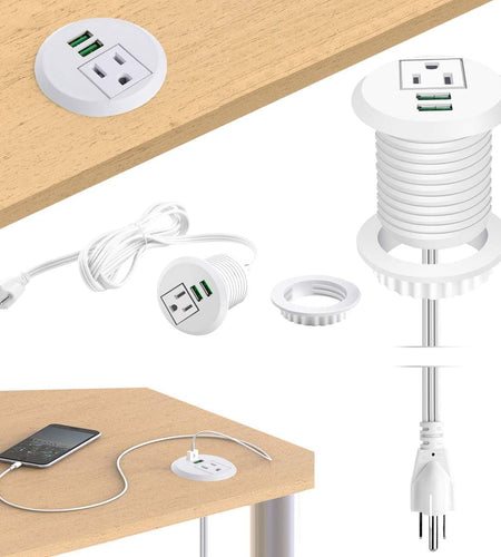 Desktop Power Grommet,Desk Grommet Outlet 2 Inch Hole,Power Grommet with USB, Easy Access to 1 Power Source along with 2 USB Power Port Connections(White)