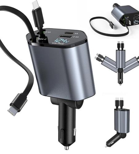 4-In-1 Vehicle Charger, 120 Watt Fast Charging, Retractable Cable, 2 USB Ports, Compatible with All Vehicles Dual TYPE-C
