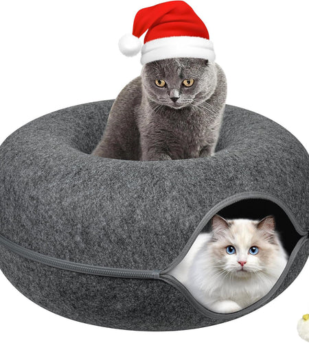 Peekaboo Cat Cave EXTRA LARGE Cat Tunnel Bed Indoor Cats, Cat Donut,Gray, USA