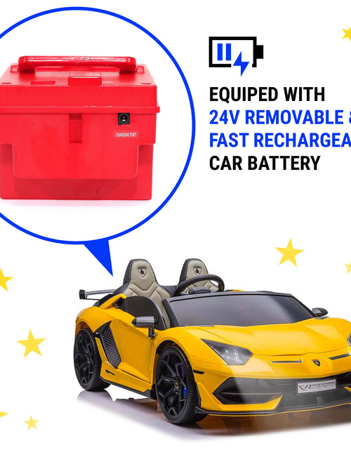 Load image into Gallery viewer, Lamborghini Aventador W/ Swappable Battery 24V - Electric Car for Kids with 3 Speeds, Leather Seat, Remote, MP3 Music by Bluetooth, FM Radio, Rubber Tires (Yellow)
